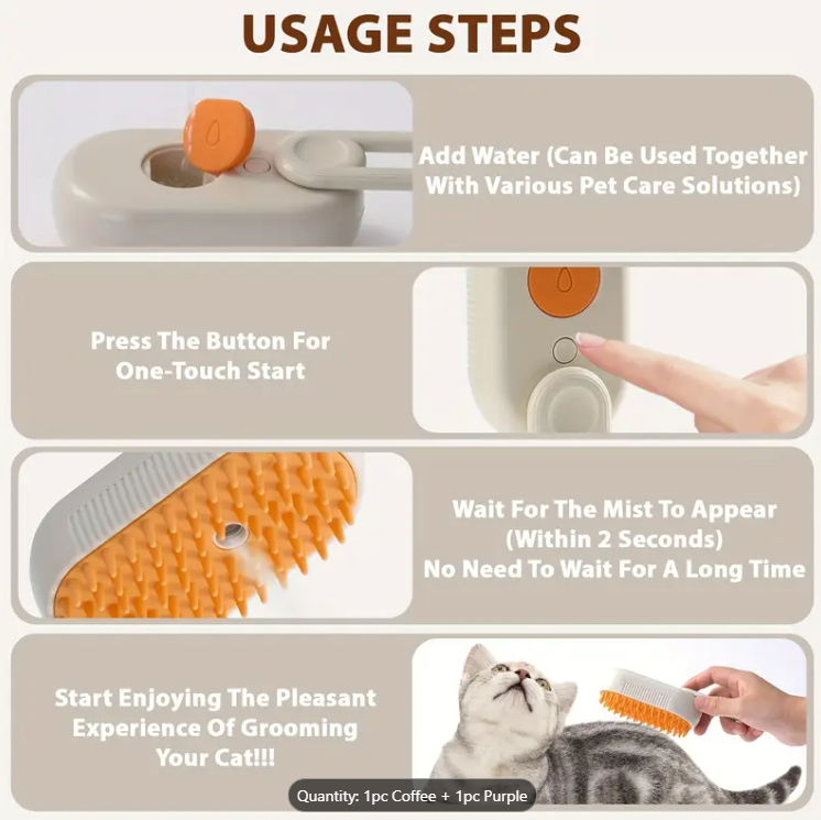 Steam Comb: 3-in-1 Cat & Dog Steam Brush with USB Charging